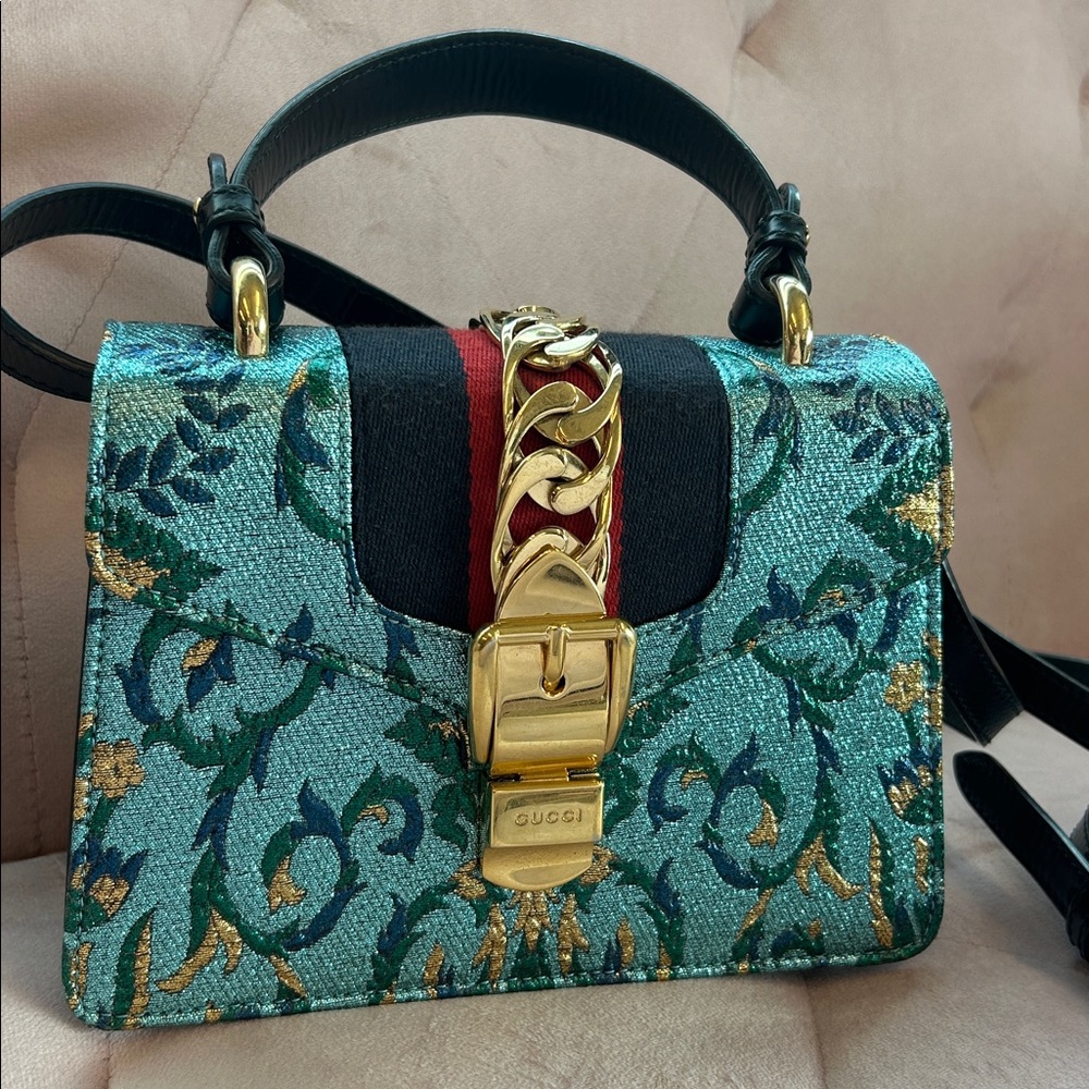 Gucci Sylvie Brocade Mini Top Handle Bag – Teal Floral Jacquard with Gold Chain